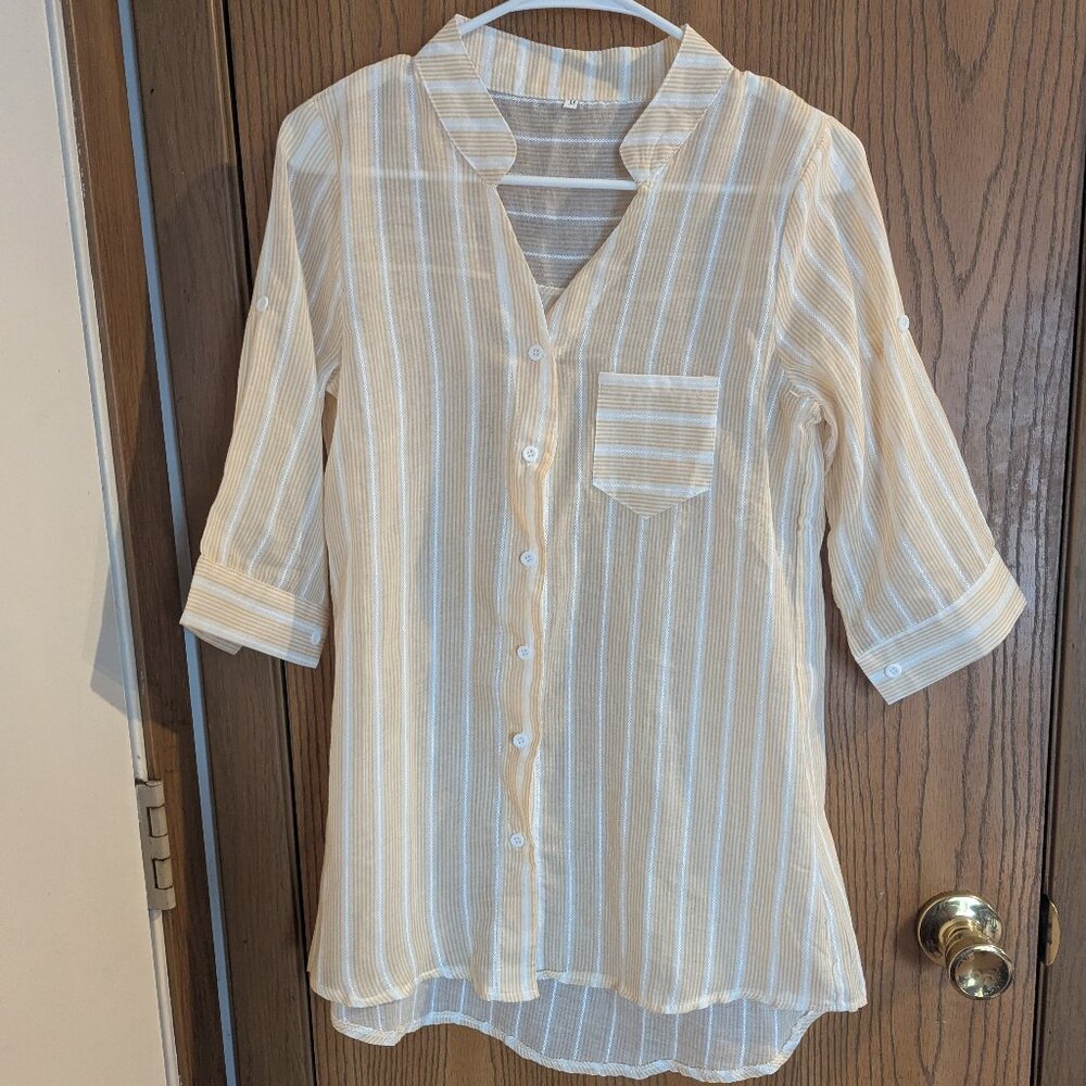 Sheer Striped Button Down Elbow Length Sleeves "Gauze" Shirt Orange-Medium